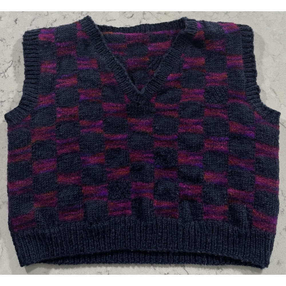 VTG 80s Sweater Vest Womens Medium Navy Purple Checkered Retro‎ Eclectic Grandpa